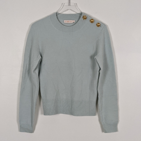 Tory Burch Seafoam Green Wool Blend Crew Neck Button Accent Sweater Medium - Picture 2 of 8
